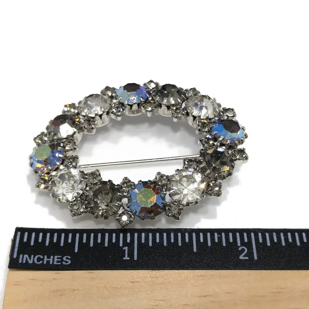 Karu Arke Aurora Borealis Brooch, Clear AB Black Diamond Rhinestones, 1950s